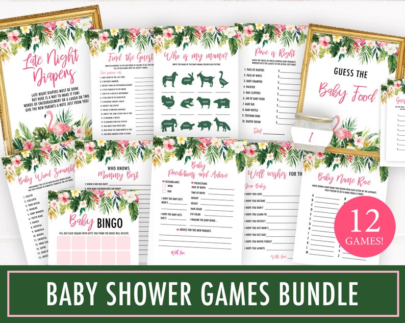 Tropical Baby Shower Games Bundle, Baby Shower Activities, Greenery Baby Shower Game, Summer Baby Shower Ideas, Baby Shower Baby Bingo Game image 1