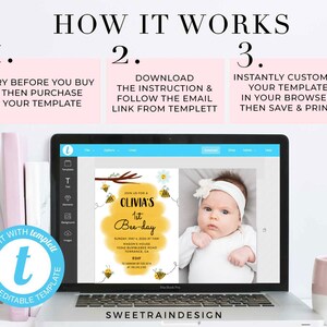 Puede incluir: Una pantalla de computadora port&aacute;til que muestra una plantilla de invitaci&oacute;n digital para una fiesta de primer cumplea&ntilde;os de un beb&eacute;. La plantilla presenta un tema de abeja amarillo y blanco con el texto "Olivia's 1st Bee-day". La plantilla se puede editar utilizando el sitio web Templett.