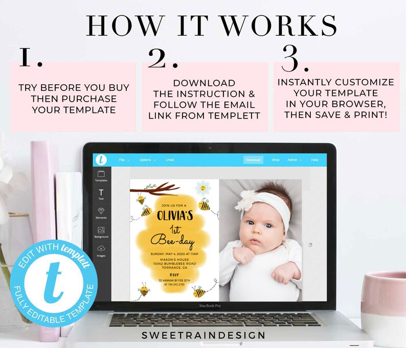 Puede incluir: Una pantalla de computadora port&aacute;til que muestra una plantilla de invitaci&oacute;n digital para una fiesta de primer cumplea&ntilde;os de un beb&eacute;. La plantilla presenta un tema de abeja amarillo y blanco con el texto "Olivia's 1st Bee-day". La plantilla se puede editar utilizando el sitio web Templett.