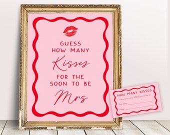 Retro Bachelorette Games, Guess How Many Kisses, Pink and Red Hen Party Games, Wavy Squiggle Bridal Shower Games, Kisses Game, Printable 22