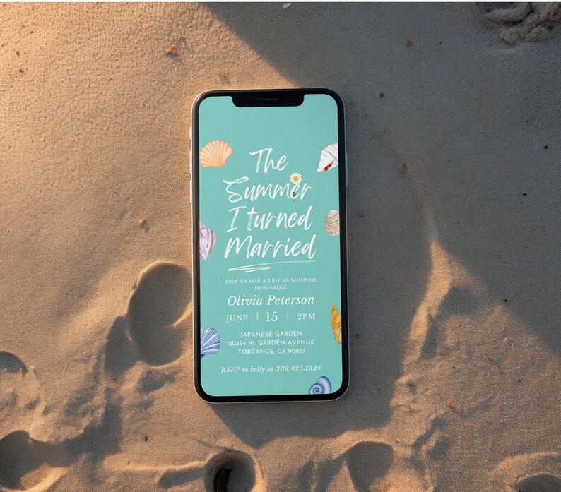 May include: A smartphone screen displaying a bridal shower invitation with a beach theme. The invitation reads "The Summer I Turned Married" and includes details about the event, including the date, time, location, and RSVP information.