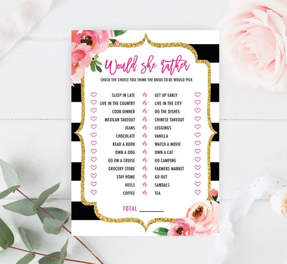 Would She Rather Game Printable, Kate Bridal Shower Games, Wedding Shower Game, Would Bridal Rather, Shower Activities, Spade Theme Shower Il_570xn