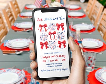 Red White and Two Evite Template, Girl 2nd Birthday Invite Digital, Patriotic, Fourth of July Birthday Party, Second Birthday, Coquette Bow