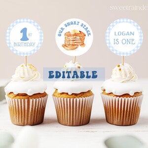 May include: Three blue and white checkered cupcake toppers with text. The toppers say "1st Birthday", "Our Short Stack", and "Logan Is One".
