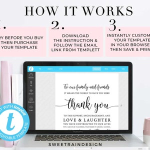 Op de afbeelding: Een laptop scherm toont een aanpasbare bedankkaart sjabloon. De tekst luidt "To our family and friends, thank you." Instructies worden getoond: probeer voordat je koopt, download instructies en pas direct aan. Het ontwerp bevat de tekst "EDIT WITH Templett" en "FULLY EDITABLE TEMPLATE".