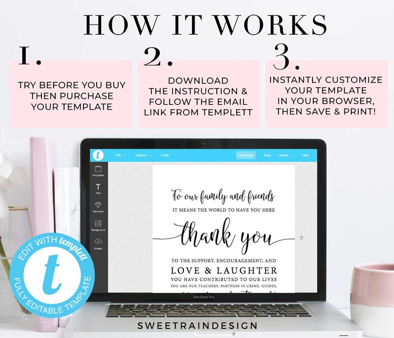 Op de afbeelding: Een laptop scherm toont een aanpasbare bedankkaart sjabloon. De tekst luidt "To our family and friends, thank you." Instructies worden getoond: probeer voordat je koopt, download instructies en pas direct aan. Het ontwerp bevat de tekst "EDIT WITH Templett" en "FULLY EDITABLE TEMPLATE".