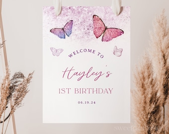 Butterfly 1st Birthday Welcome Sign Template, Girl 1st Birthday Party Decorations, Pink Butterfly  Birthday Signs, Butterfly Party Sign 09