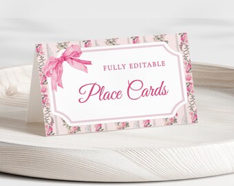 Love Shack Fiancé Bridal Shower Place Cards Template, Pink Bow Bridal Shower Food Tent, She Is Tying The Knot Invite, Coquette Bridal Shower