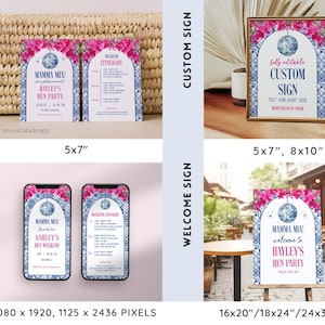May include: Printable digital download for a hen party invitation, welcome sign, and custom sign. The design features a blue and white tile pattern with pink flowers and a disco ball. The text reads "Mamma Mia!" and "Hayley's Hen Party".
