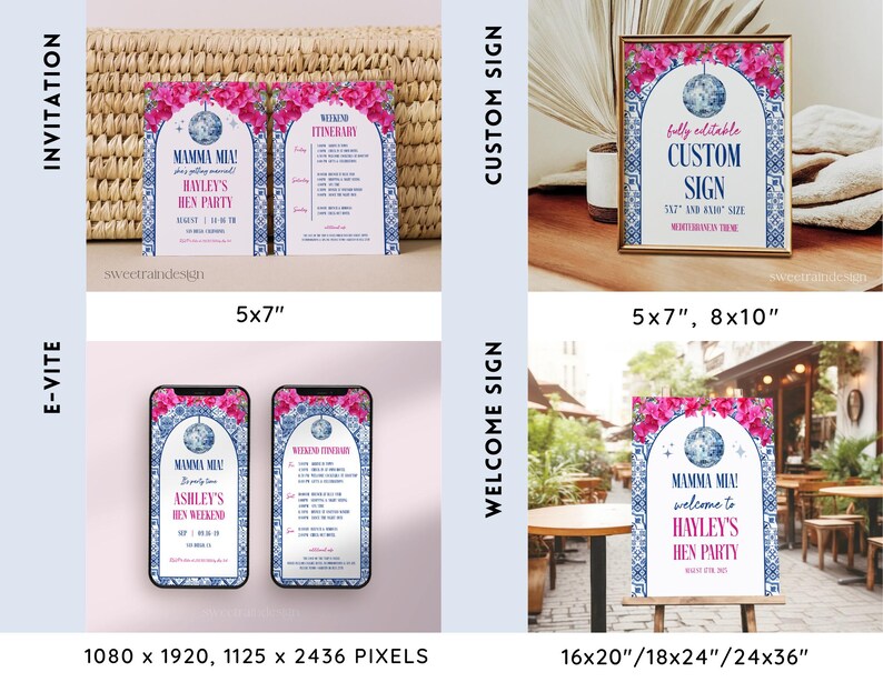 May include: Printable digital download for a hen party invitation, welcome sign, and custom sign. The design features a blue and white tile pattern with pink flowers and a disco ball. The text reads "Mamma Mia!" and "Hayley's Hen Party".