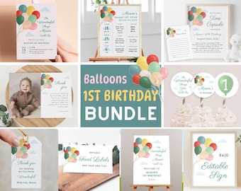 May include: A printable 1st birthday party bundle with a balloon theme. The bundle includes a welcome sign, food labels, thank you tags, a time capsule, and cupcake toppers. The colors are green, yellow, blue, and pink.