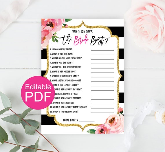 Who Knows The Bride Best Editable, Kate Bridal Shower Games Printable