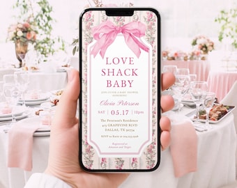 Pink Bow Baby Shower Evite DIGITAL, Love Shack Baby Phone Invitation Template, Coquette, Garden, Girl Baby Shower E-Invite, Text Invite