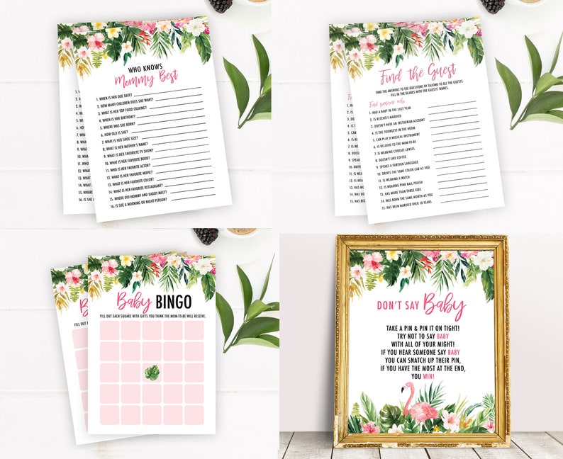 Tropical Baby Shower Games Bundle, Baby Shower Activities, Greenery Baby Shower Game, Summer Baby Shower Ideas, Baby Shower Baby Bingo Game image 3