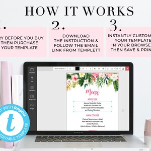 May include: A laptop screen displaying a floral menu template with the text "Menu" in pink. The template is editable and can be customized in a web browser. The text "How It Works" is displayed above the laptop screen with three steps: 1. Try before you buy, 2. Download the instruction and follow the email link from Templett, 3. Instantly customize your template in your browser, then save and print.