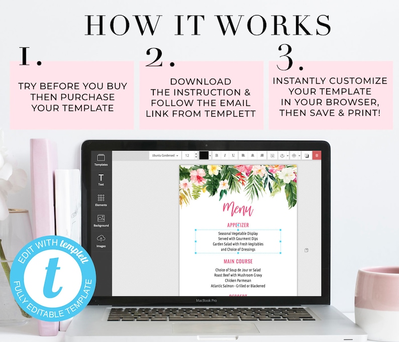 May include: A laptop screen displaying a floral menu template with the text "Menu" in pink. The template is editable and can be customized in a web browser. The text "How It Works" is displayed above the laptop screen with three steps: 1. Try before you buy, 2. Download the instruction and follow the email link from Templett, 3. Instantly customize your template in your browser, then save and print.