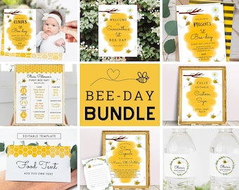 Bumble Bee Birthday Bundle, Bee 1st Birthday Templates, Happy Bee Day Decorations, 1st Bee-Day Invitation, Time Capsule,Bee Theme Bundle 003