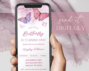 Butterfly Birthday Party Evite, Girl 1st Birthday Smartphone Invite, Butterfly Theme, Girl First Birthday Text Message Invite Electronic 09