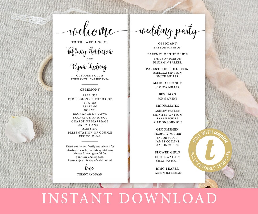 Rustic Wedding Program Template, Fully Editable Wedding Ceremony ...
