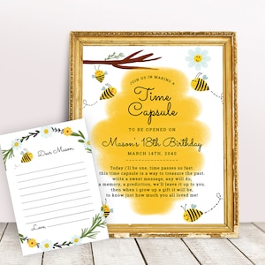 Bee Birthday Time Capsule Template, Bee 1st Birthday Time Capsule Sign, Honey Bee Time Capsule Cards, Bee Day Decorations, Bee Party 003