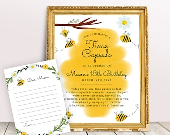 Bee Birthday Time Capsule Template, Bee 1st Birthday Time Capsule Sign, Honey Bee Time Capsule Cards, Bee Day Decorations, Bee Party 003