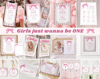 Girls Just Wanna Be One Bundle, Editable Pink Bow 1st Birthday Party Bundle, Girl First Birthday Set Evite, Coquette Girl, Milestones, DIY