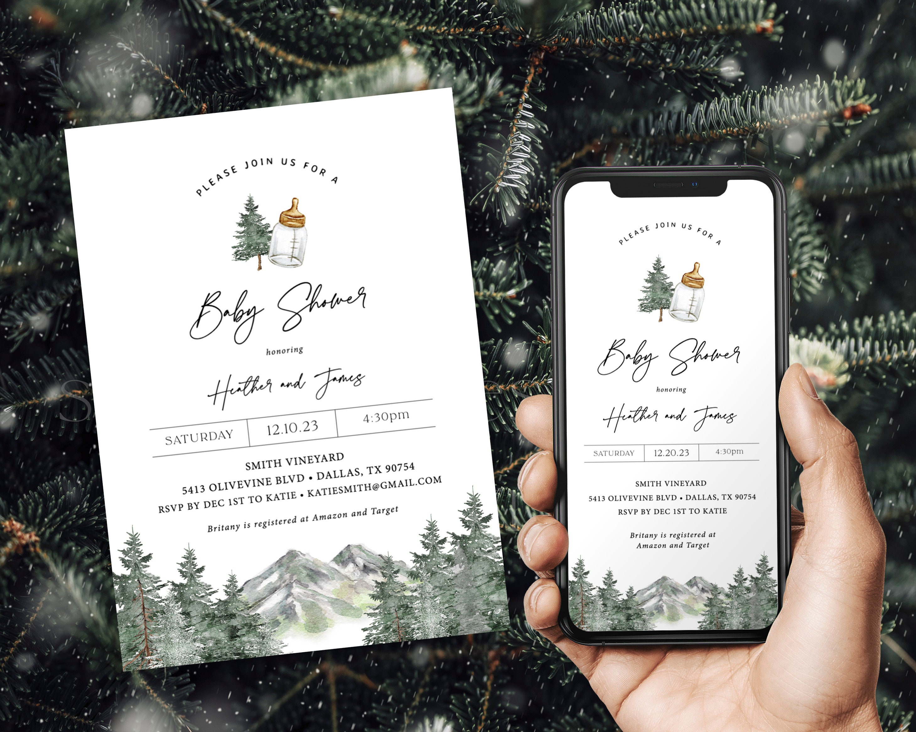 Woodland Winter Baby Shower Invitation Template Editable, Mountain Baby Shower Evite, Boy Baby Shower Digital Invitation, Forest 08