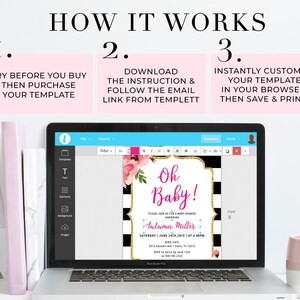 May include: A laptop screen displaying a baby shower invitation template with a pink and gold floral design. The text on the invitation reads "Oh Baby!" and includes the name "Autumn Miller". The template is customizable in a web browser.