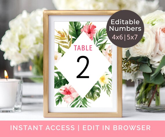 Tropical Table Numbers Template, DIY Table Numbers Editable, Tropical Party Decor, Tropical Wedding Printable, Hawaiian Wedding 4x6, 5x7 Il_570xn