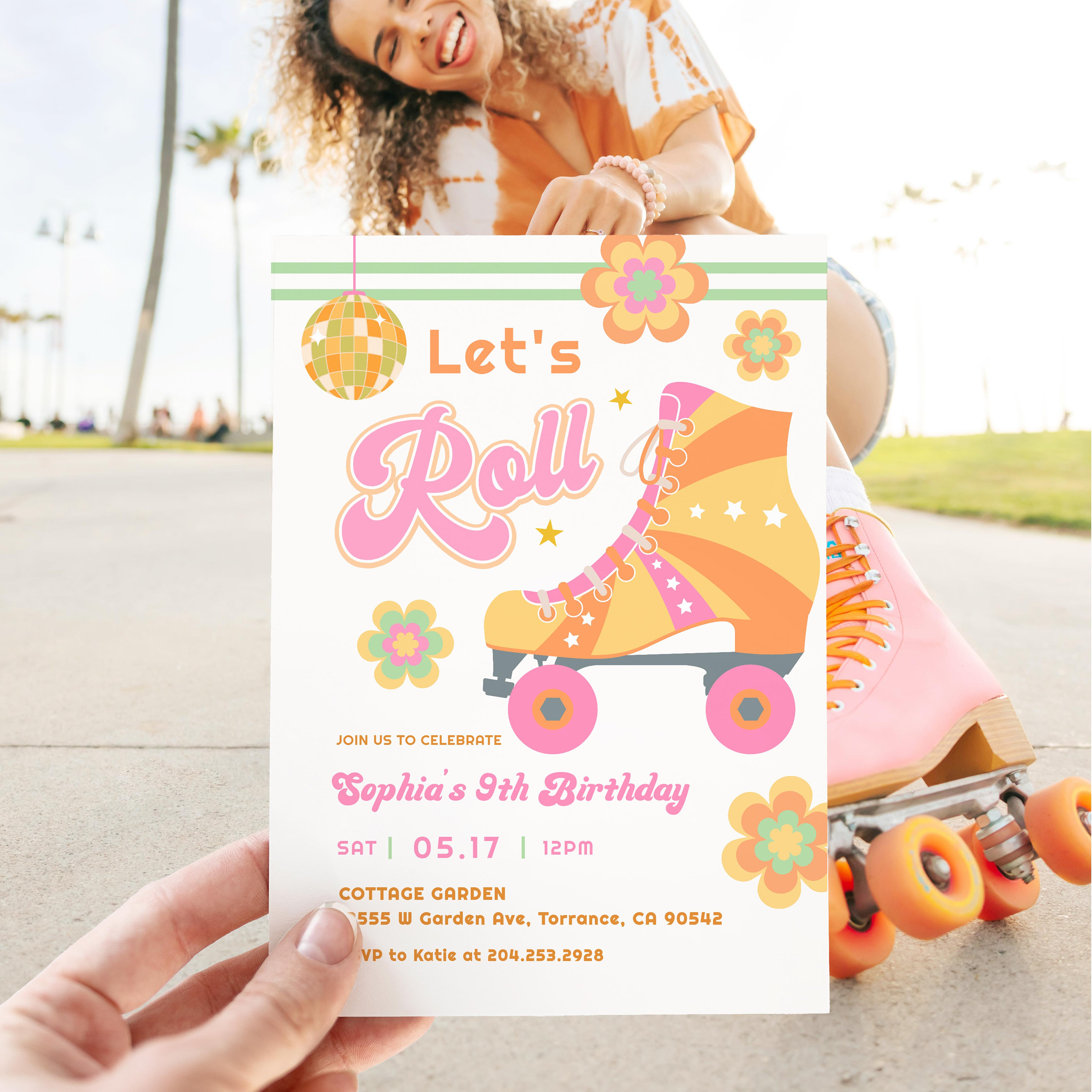 Roller Skate Party Invitation Template, Let's Roll Birthday, Groovy Girl Birthday  Invites, Digital 70s Roller Skating, Hippie, Editable - Etsy, image size:3000x3000