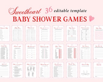 May include: A set of 36 printable baby shower game cards with pink and white accents. The cards feature a variety of games, including "Guess the Baby Food", "Baby Bingo", and "Would Momma Rather".