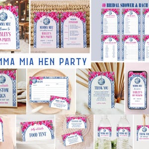 Può includere: Un set di decorazioni per feste stampabili a tema Mamma Mia per un addio al nubilato. Le decorazioni presentano una palla da discoteca, fiori rosa e motivi di piastrelle blu e bianche. Il set include inviti, giochi, cartelli ed etichette di ringraziamento.