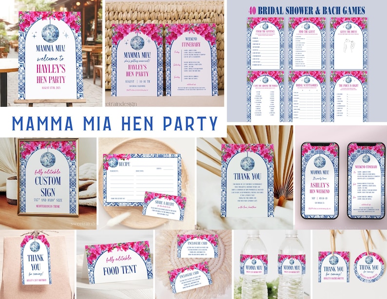 May include: A set of printable party decorations for a Mamma Mia themed hen party. The decorations feature a disco ball, pink flowers, and blue and white tile patterns. The set includes invitations, games, signs, and thank you tags.