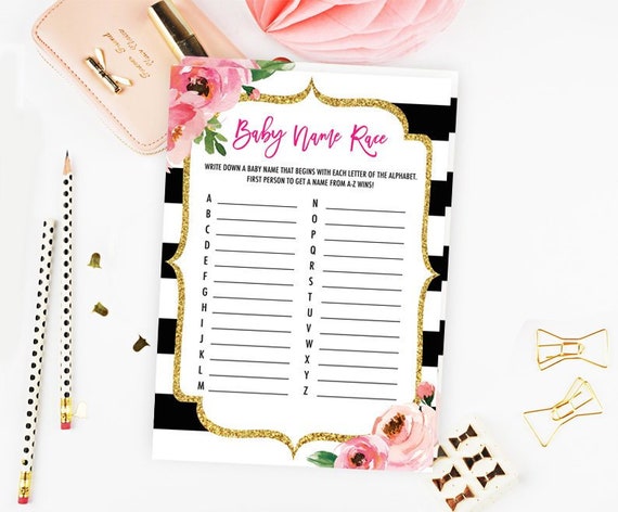 Baby Name Race, Baby Name Game, Girl Baby Shower Games, Floral Baby Shower Activity, Spade Baby Shower Ideas, DIY Printable Games Il_570xn