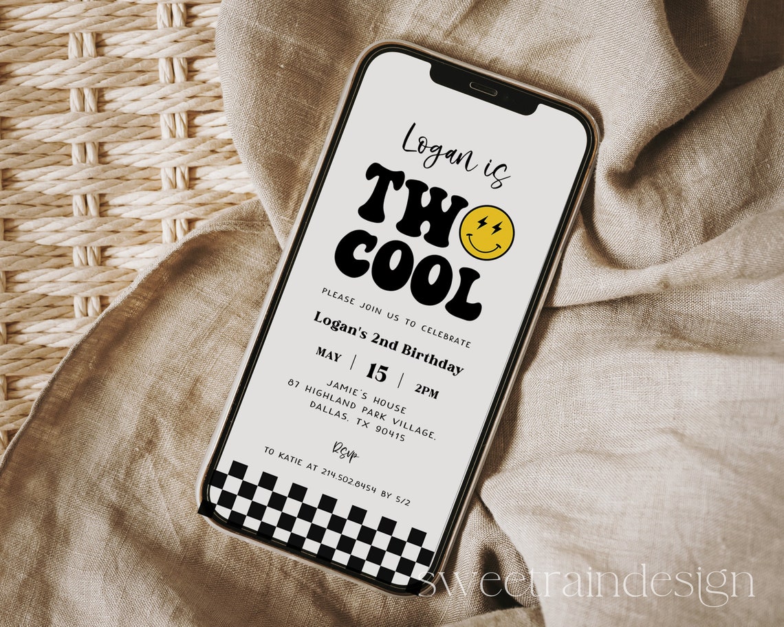 Invited Cool Two Cool Birthday Evite DIGITAL, Two Cool Boy 2nd Birthday Phone ...