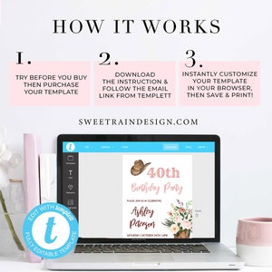 May include: A laptop screen displaying a pink and brown 40th birthday party invitation template with a cowboy hat graphic. The template is customizable using a website called Templett. The text on the invitation reads "40th Birthday Party" and "Ashley Peterson".