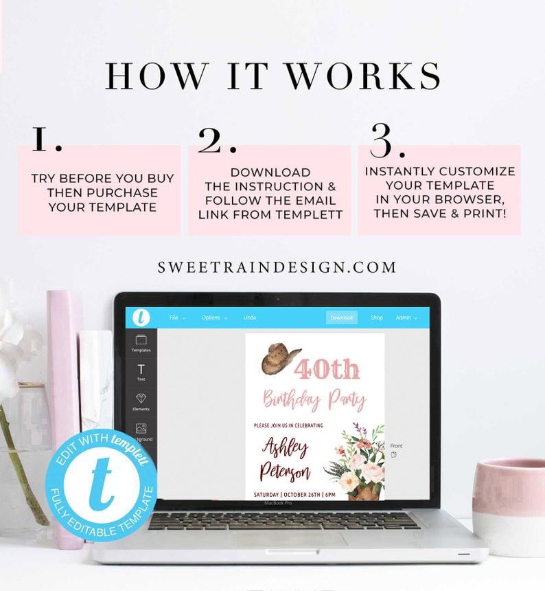 May include: A laptop screen displaying a pink and brown 40th birthday party invitation template with a cowboy hat graphic. The template is customizable using a website called Templett. The text on the invitation reads "40th Birthday Party" and "Ashley Peterson".