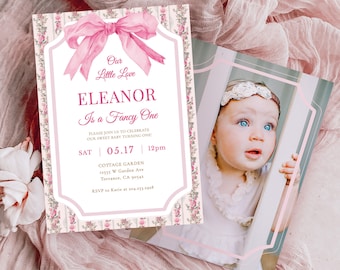 Pink Bow Birthday Invitation Template, Fancy One, Birthday, Photo Girl 1st Birthday Invites, Birthday Girl Invitation Coquette Pink Editable