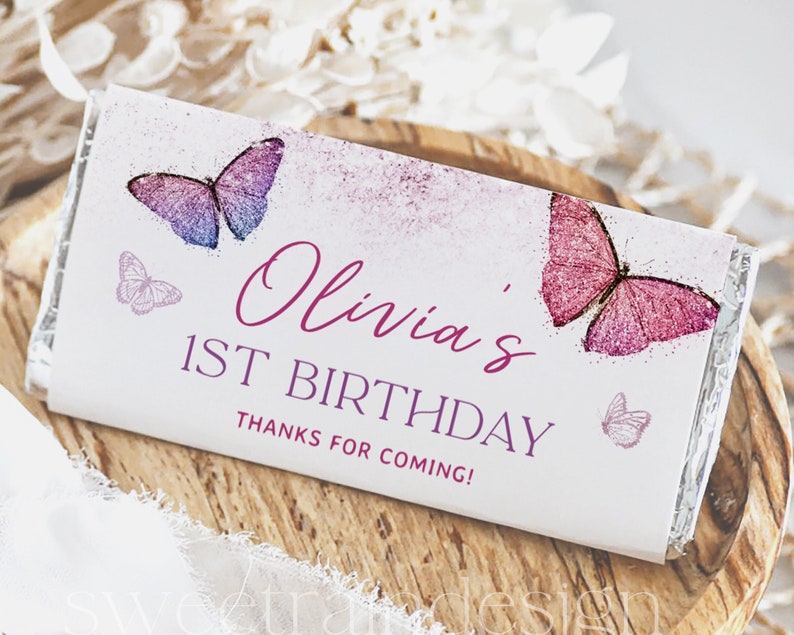 Butterfly Chocolate Bar Wrapper Template, Girl 1st Birthday Favors, Butterfly Candy Bar Wrapper, Pink Butterfly Party Favors Editable 09 zdjęcie 1