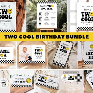 Two Cool Birthday Bundle, Two Cool 2nd Birthday Bundle, Retro Boy Second Birthday Party, Editable Template, Boy 2nd Birthday Set, Party Pack