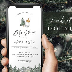 May include: A digital baby shower invitation with a watercolor illustration of a pine tree and a baby bottle. The invitation is for Heather and James and is set for Saturday, December 20, 2023 at 4:30pm. The event will be held at Smith Vineyard, 5413 Olivevine Blvd, Dallas, TX 90754. RSVP by December 1st to Katie. Britany is registered at Amazon and Target.