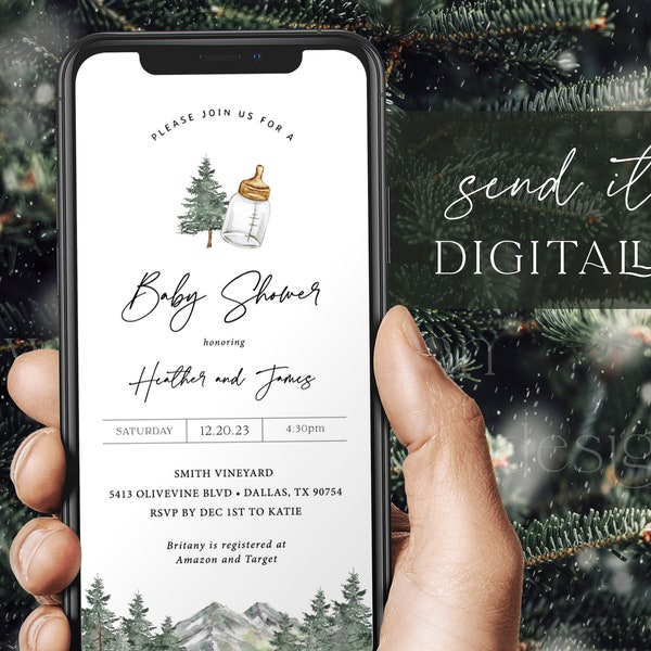 Mountain Winter Baby Shower Evite, Boy Baby Shower Smartphone Invite, Woodland Theme, Forest Baby Shower Text Message Invite Electronic 08