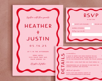 Retro Pink and Red Wedding Invitation Suite Template, 70s Wedding Invitations, Wavy, Wave Wedding, Squiggly, French, Palm Springs Wedding 22