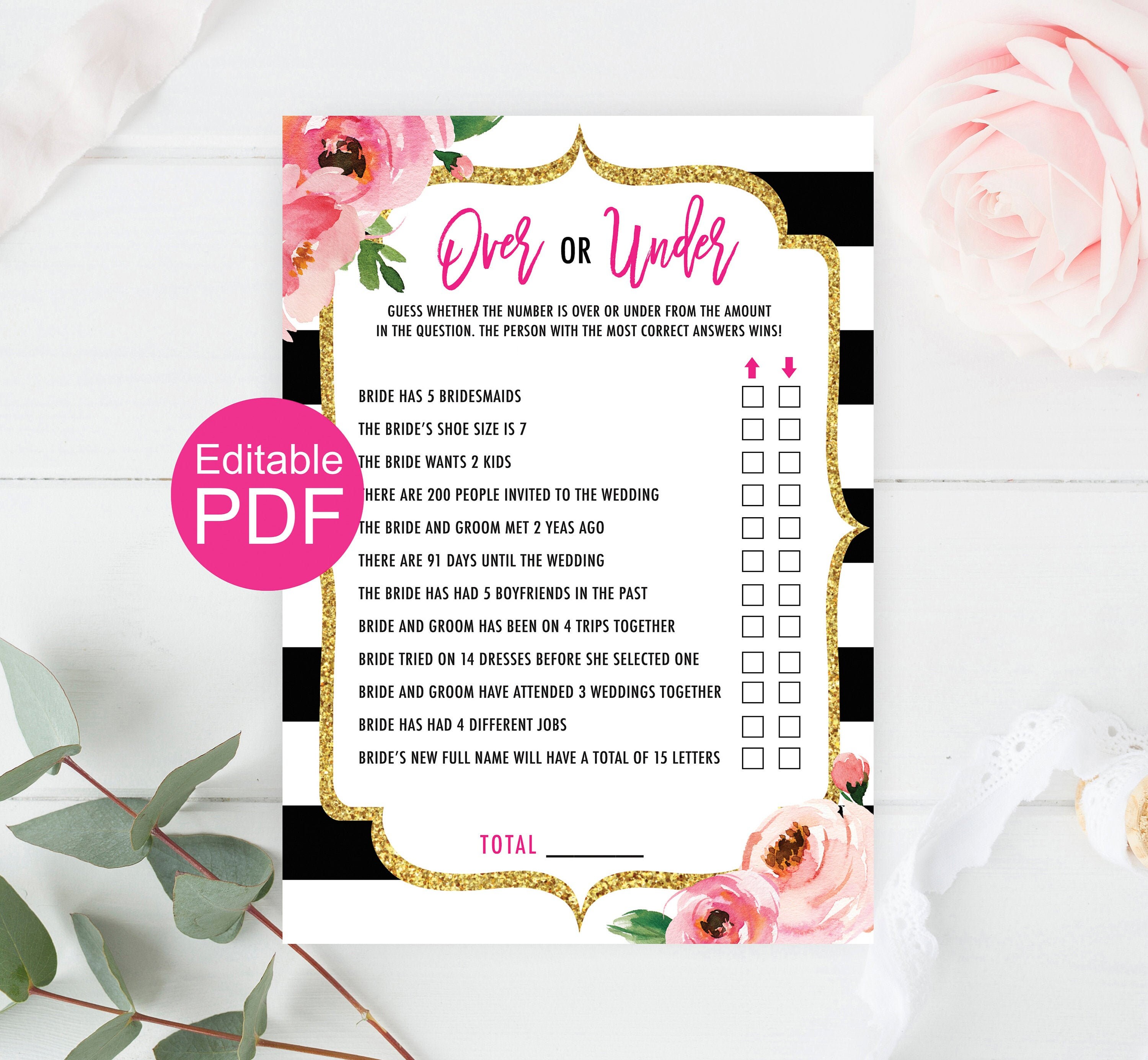 Over or Under Bridal Shower Game Template Kate Bridal Shower - Etsy