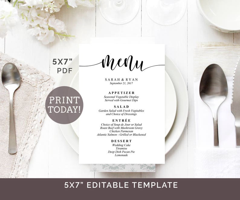 Wedding Menu Template, 5x7 Menu Printable, Editable Wedding Menu, DIY Reception Menu, Calligraphy Menu Cards, Rustic Menu Template, PDF image 1