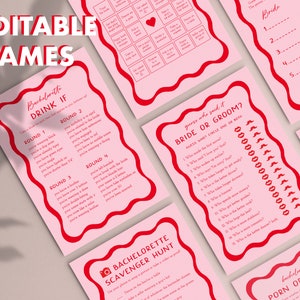 Retro Bachelorette Party Games Bundle, Pink and Red Hens Party Games, 70s Bachelorette Weekend Template, Wavy Bachelorette Quiz, Editable 22