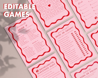 Lot de jeux EVJF rétro, jeux de société poules roses et rouges, modèle week-end EVJF des années 70, quiz EVJF ondulé, modifiable 22