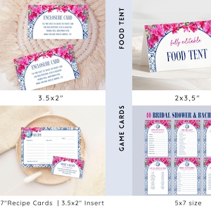 May include: A set of printable bridal shower and bachelorette party game cards featuring a blue and white tile pattern with pink flowers. The cards include games like "Guess the Guest" and "Who Knows the Bride Best".