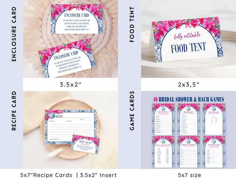 May include: A set of printable bridal shower and bachelorette party game cards featuring a blue and white tile pattern with pink flowers. The cards include games like "Guess the Guest" and "Who Knows the Bride Best".
