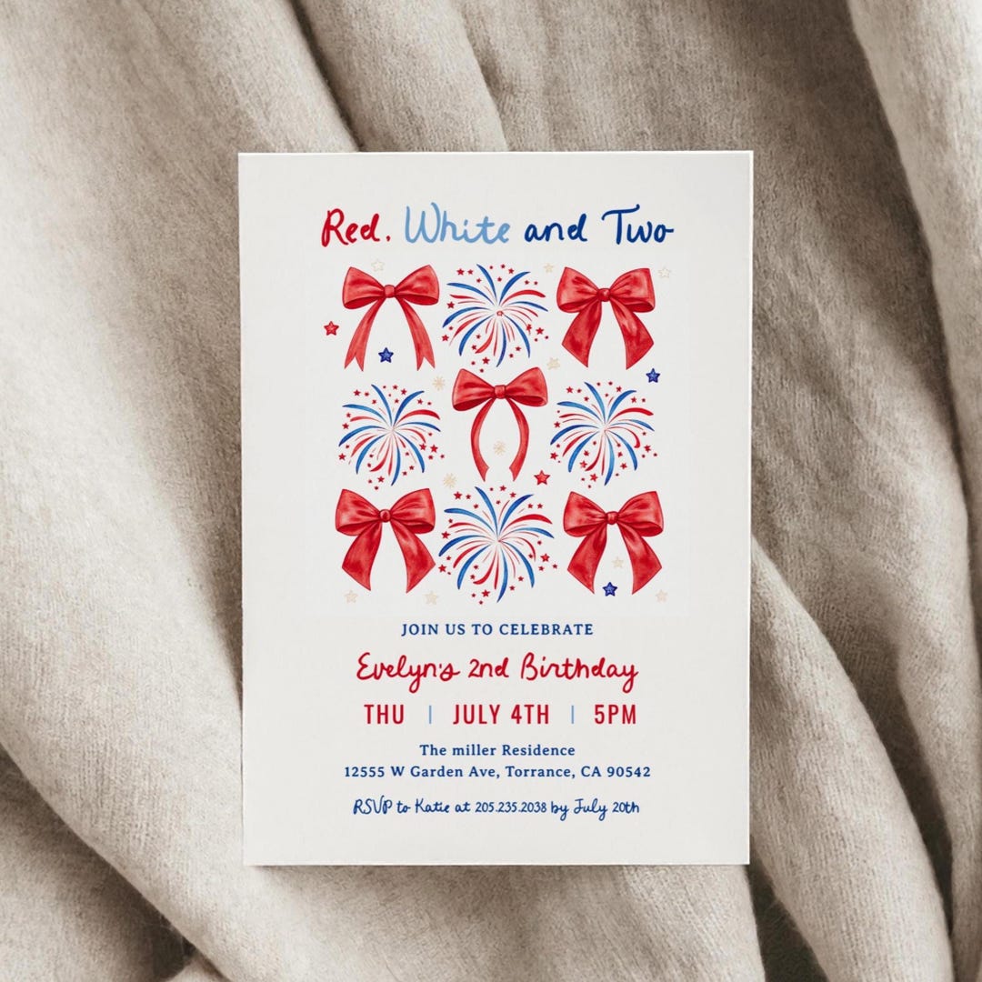 Red White and Two Invitation Template, Girl 2nd Birthday Invitation ...